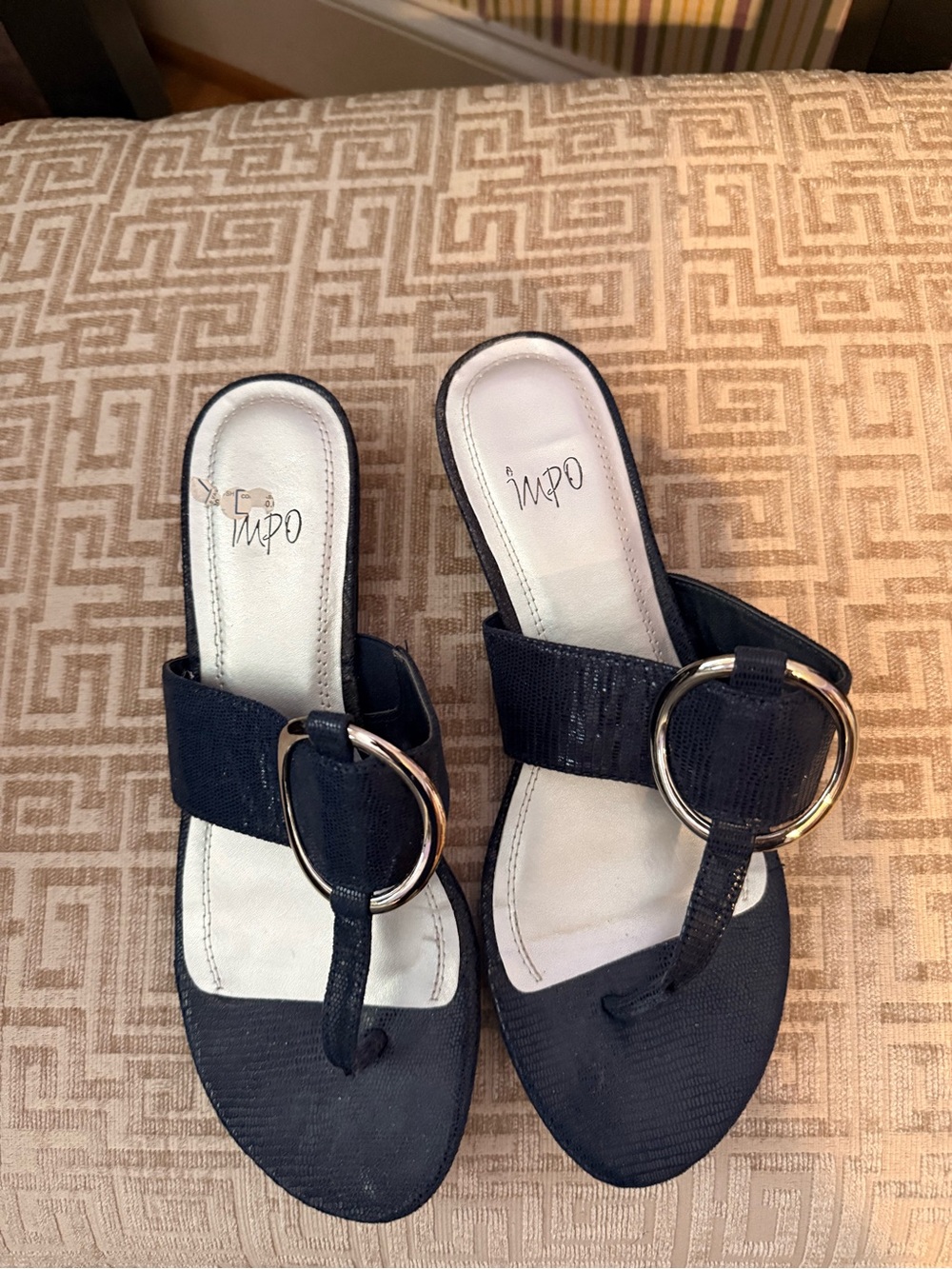 Impo Navy Slide Sandals with Gold Ring Accent